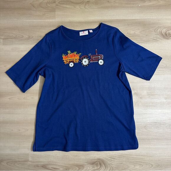 Quacker Factory Blue Embroidered Embellished Knit Fall Halloween Shirt Top Large - Picture 5 of 10